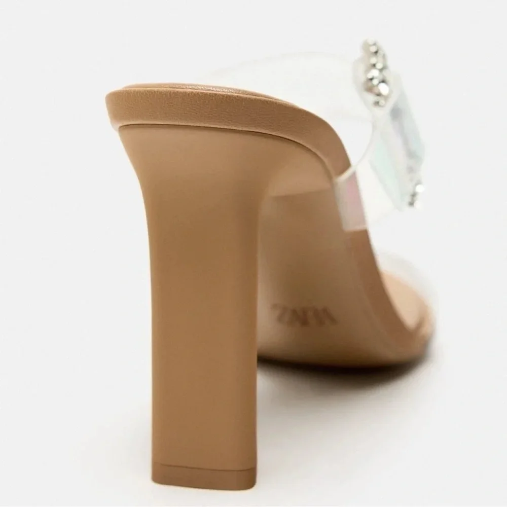 ZARA HIGH HEELED LIGHT BEIGE VINYL SANDALS - Picture 8 of 9